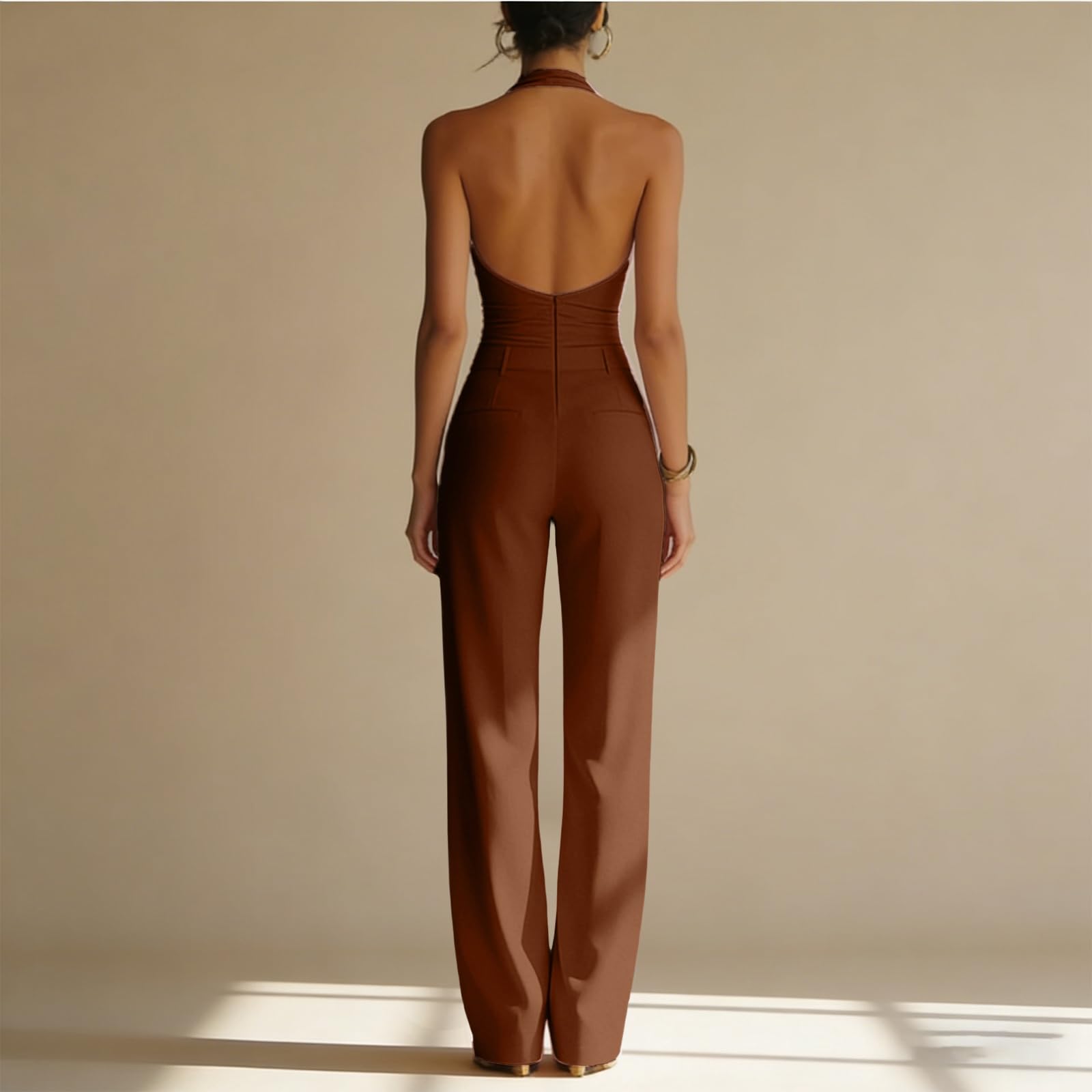 Ansenesna Jumpsuit Damen Elegant Festlich Lang Overall Für Hochzeit V Ausschnitt Jumpsuits Für Damen Weites Bein Rückenfrei Hosenanzug Business Ärmellos Einteiler Frauen Neckholder Tailliert Romper