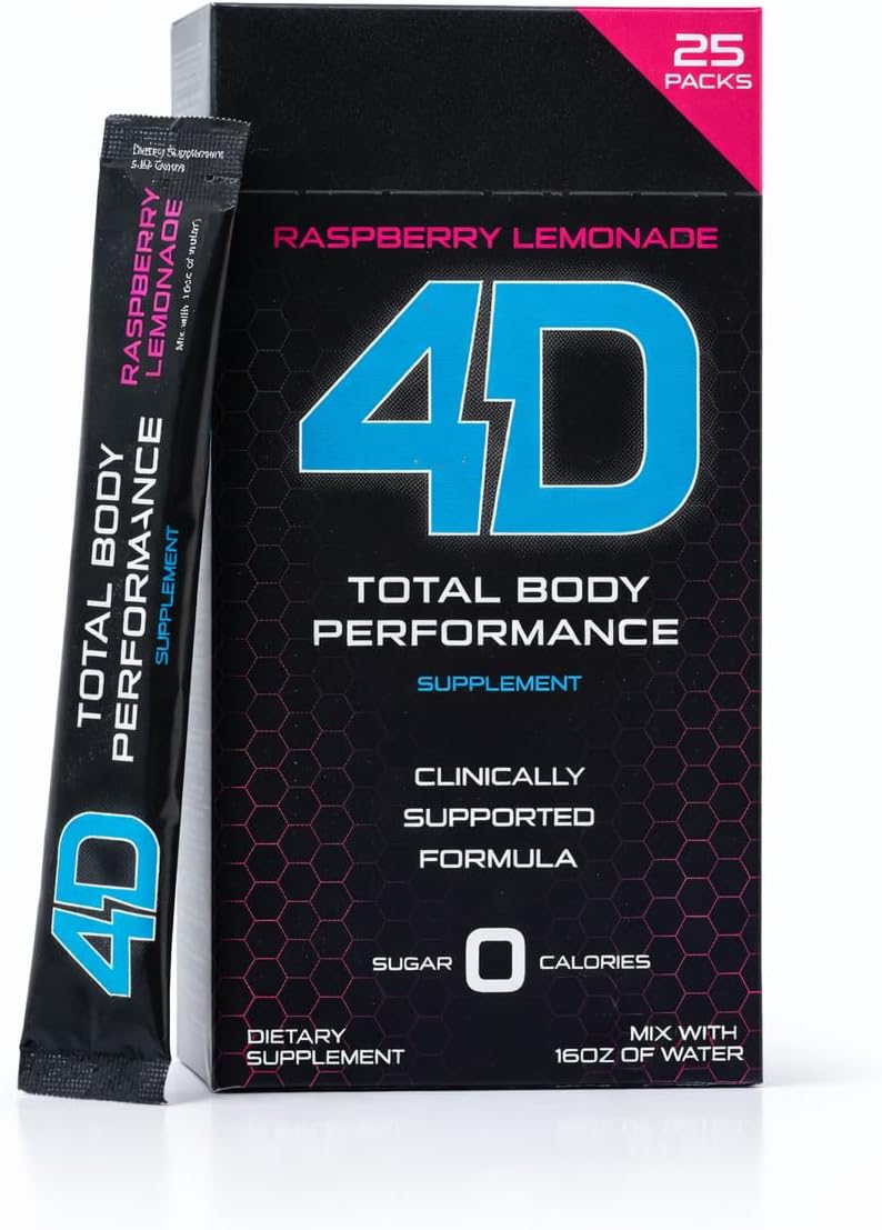 4D Clean Energy Drink Mix + Electrolytes + Immune Support + MultiVitamins + Joint and Skin Support (Raspberry Lemonade Flavor, 25 Pack)