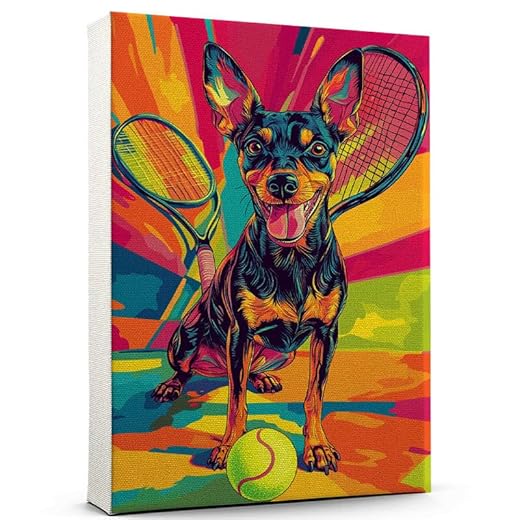 Manchester Terrier Toy Dog Playing Tennis Canvas Poster – Vintage Style Manchester Terrier Toy Dog Art for Tennis Fans, Great Gift for Dog Owners