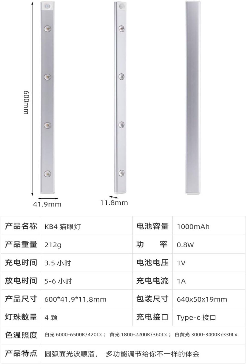 MeLphi Intelligent LED Human Body Induction lamp Light Luxury cat Eye Hill Light Strip pc Wardrobe lamp Cabinet lamp Corridor Three-Color Temperature Light Effect (Color : 4 Eyes -60cm, Size : Led)