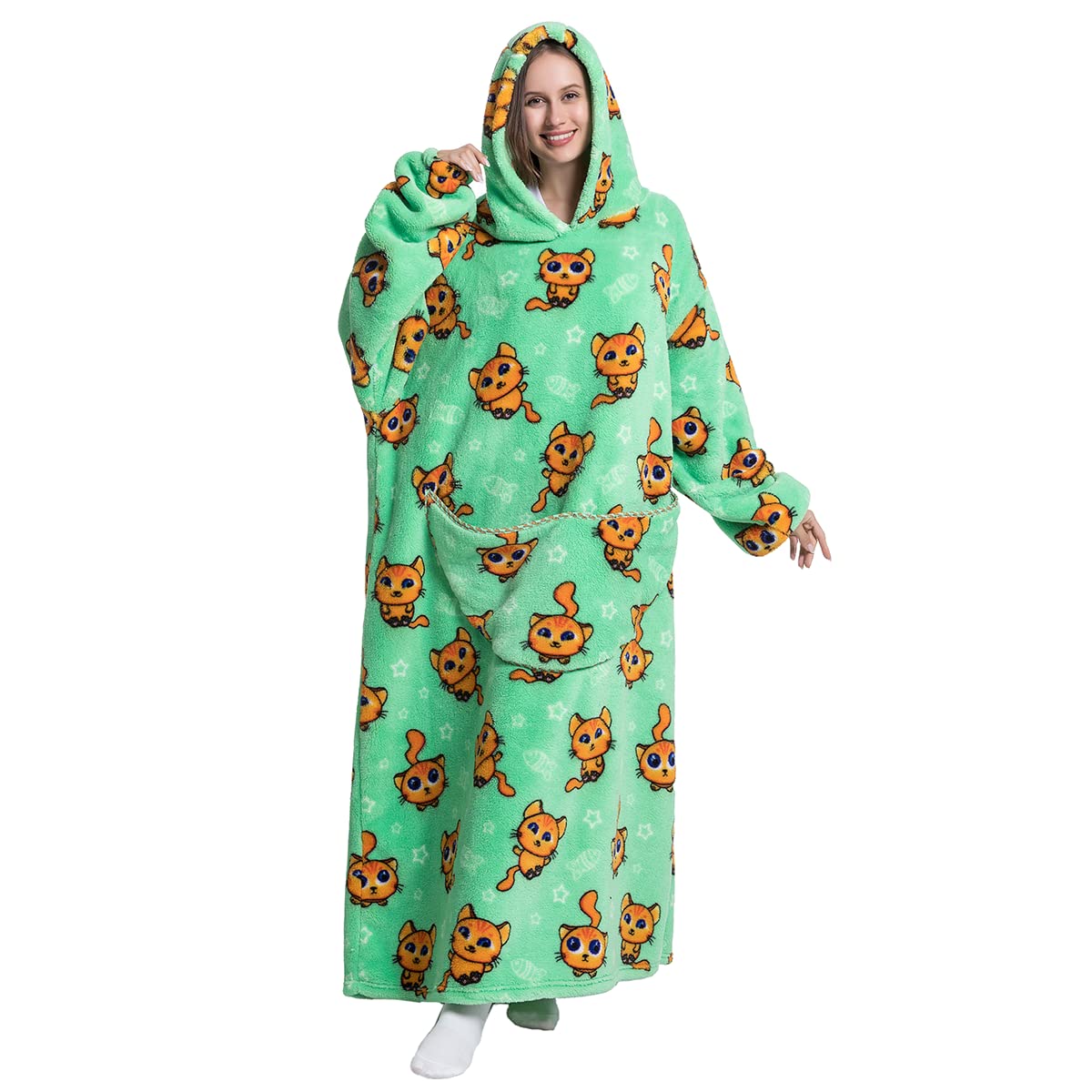 AIFLM Oversized Wearable Blanket Hoodie for Women Men Cute and Funny Patterns Hoodie Sweatshirt Blanket Cozy Warm Hoodie Blanket（Cat,Lengthening