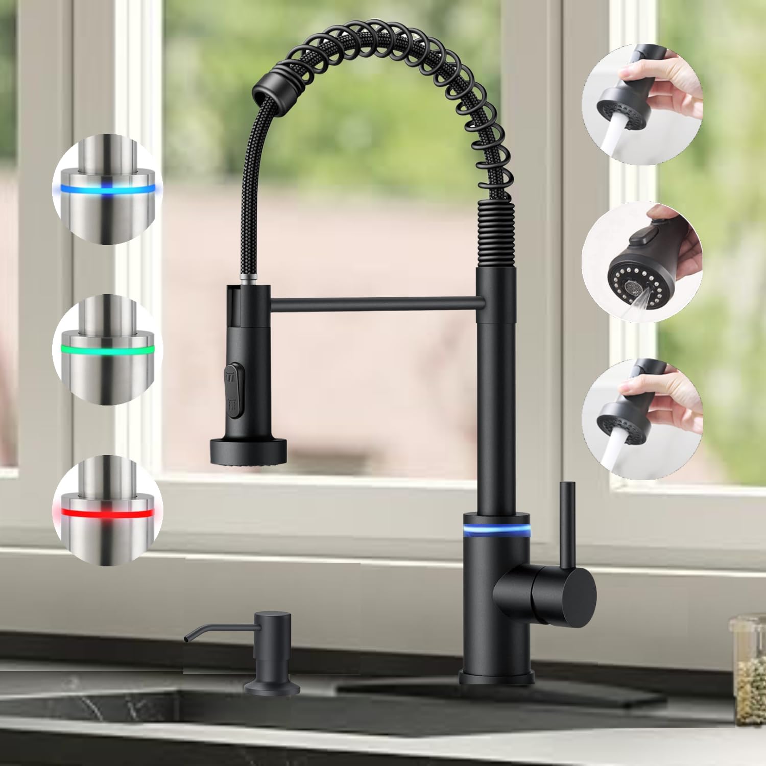 Smart Kitchen Faucet, 3 Modes Pull Down Sprayer,LED Temperature Control, Ceramic Valve, 360-Degree Rotation, 1 or 3 Hole Deck Plate. (KW-56R, Matt Black, 18.89 Inches)