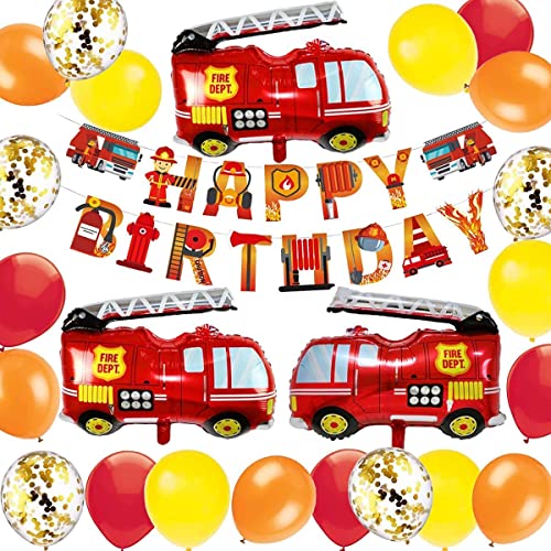 MAKFORT Deco Anniversaire Garcon Ballon Anniversaire Decoration Garcon Camion de Pompier Happy Birthday Décoration pour garçons