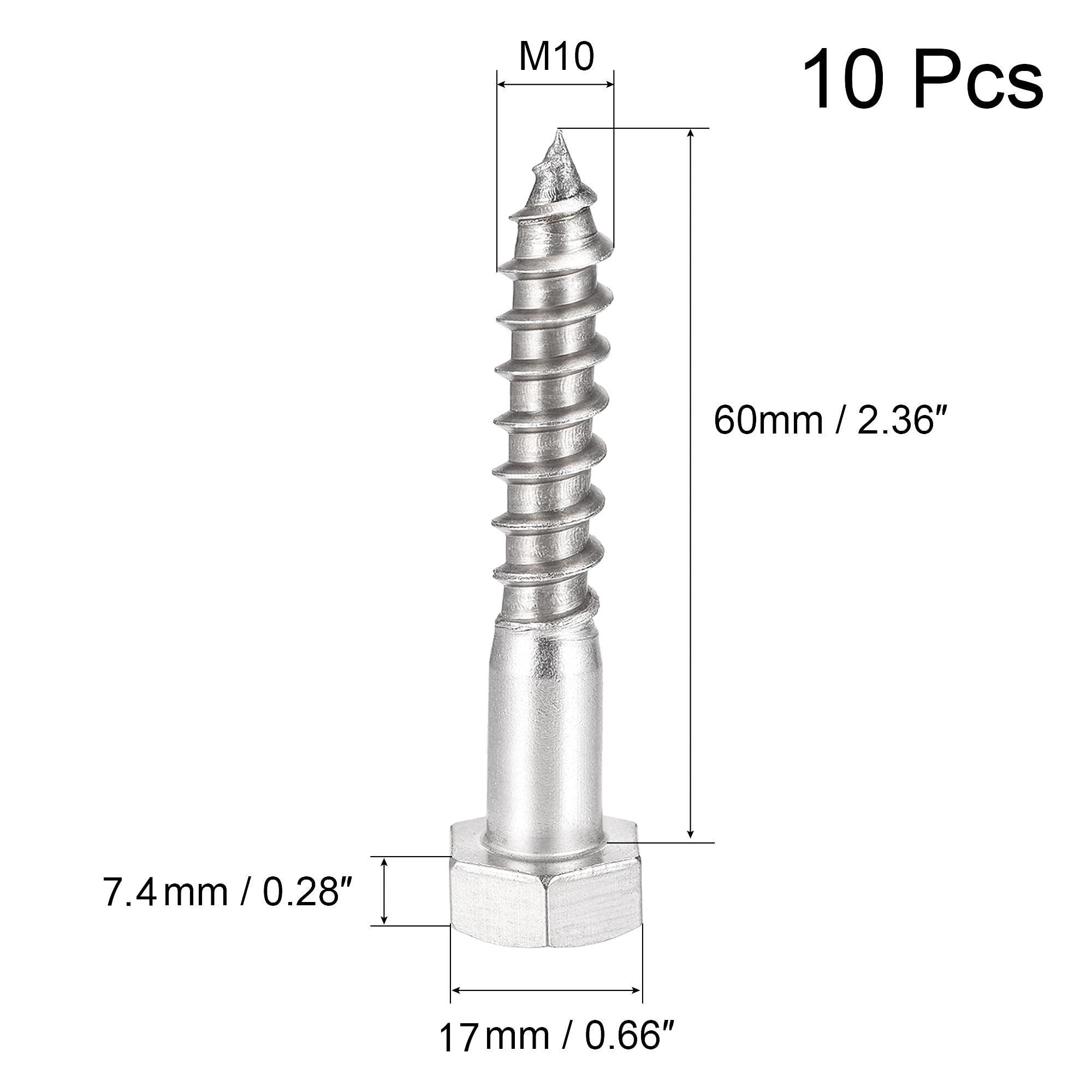 Unifizz 10 Pcs Hex Lag Screws, M10 x 60mm 304 Stainless Steel Wood Bolts - Image 2