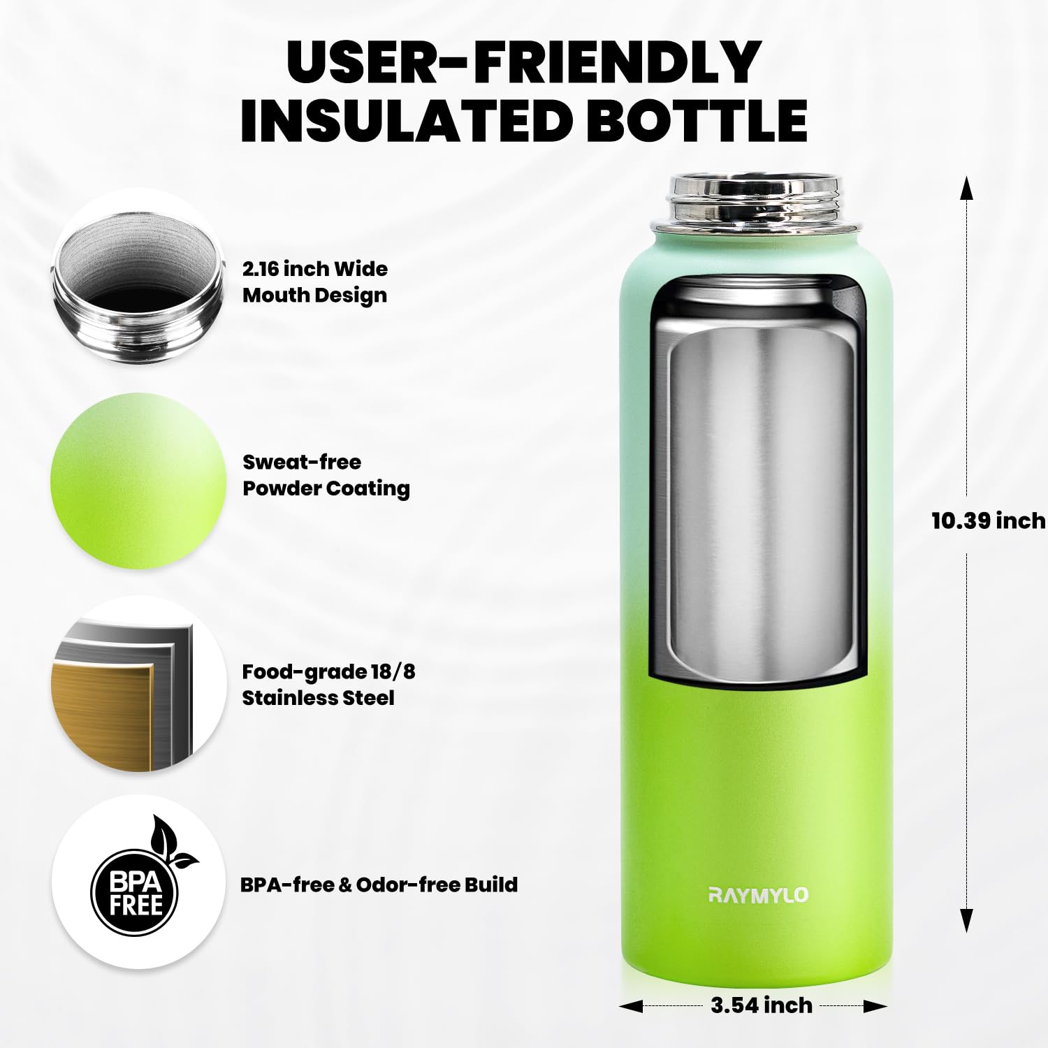 RAYMYLO Insulated Stainless Steel Water Bottle with Straw & Spout Lids - Image 5