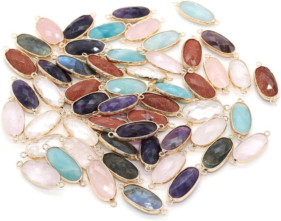 Natural Stone Pendants,Gemstones Connector Necklace Links Oval Shape Amazonite Amethysts Crystal Rose Quartz Gemstone Charms Connectors for DIY Jewelry Making 11x27mm (5Pcs Mix Style)