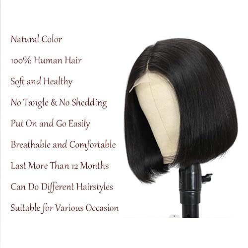 Miniatura 7 de Pelucas cortas de cabello humano 4x1 con cierre de encaje para mujeres negras, pelucas de cabello humano virgen brasileño, densidad del 150%, color