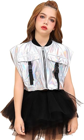 Perfashion Girls Vest Cropped Cargo Metallic Jacket Buckle Zip Up With Pockets Streetwear Outfit 4-13Y