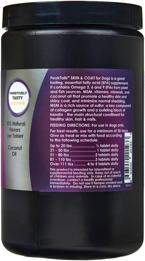 Kala Health PeakTails Skin & Coat Support for Dogs – 150 Chewable Tablets with MSM, Fish Oil, Omega-3 & Omega-6 – Supports Healthy Skin, Shiny Coat