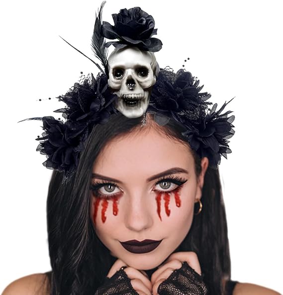 Halloween Skull Headband Flower Crown Headbands Gothic Black Feather Hairbands Day of The Dead Hair Accessories for Women