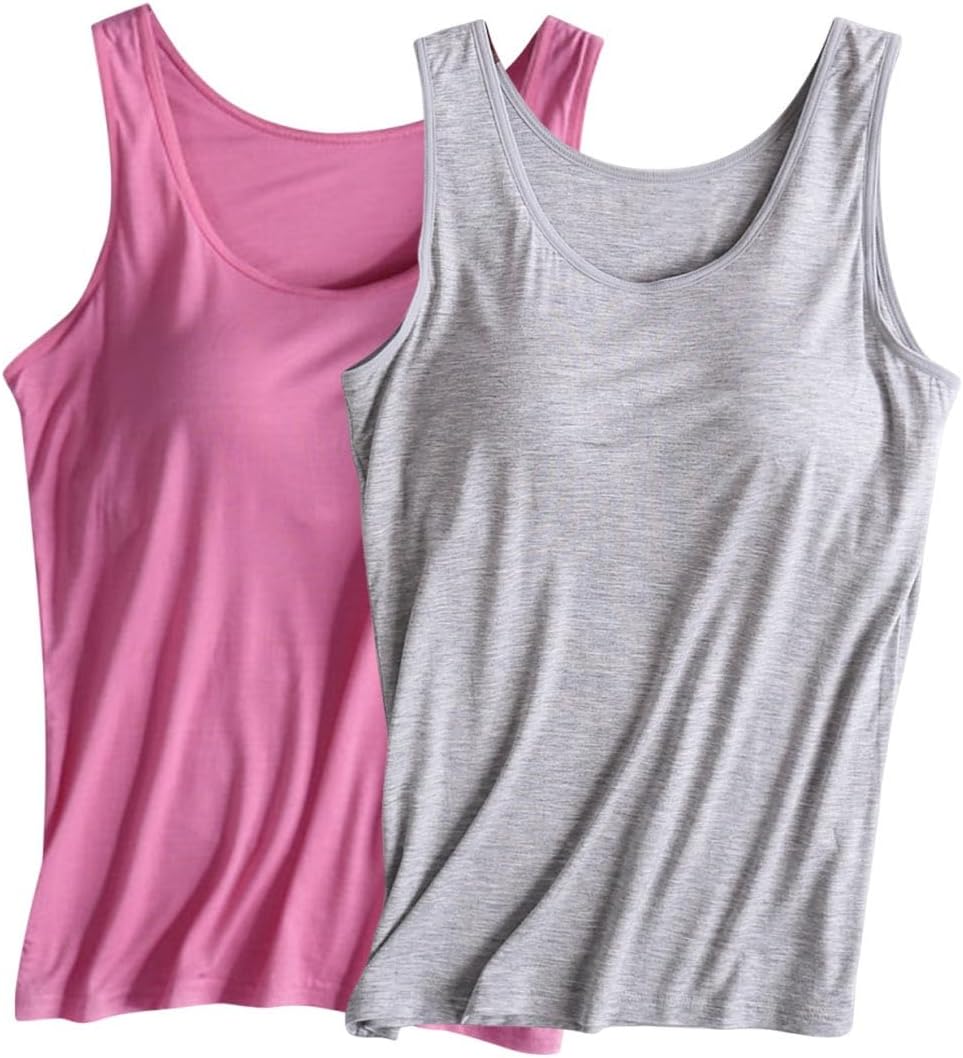 Womens Tank Tops Loose Fit with Built in Bra 2 Pack Basic Modal Soft Camisole Tops Dressy Casual Comfy Top for Women