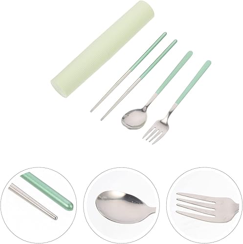 Miniatura 8 de Hemoton Juego de cubiertos de acero inoxidable portátil reutilizable cuchara tenedor con funda verde