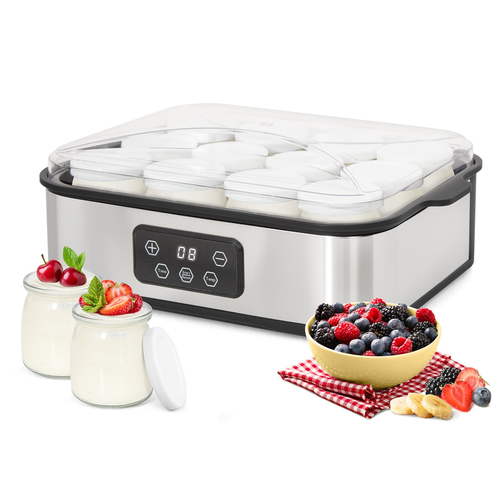 Todeco Yaourtière Électrique avec 12 x 180 ml Verre, Thermostat Réglable, Minuterie, Machine à Yaourt Maison en Acier Inoxydable, pour Préparer du Yaourt Grecs et Aromatisés