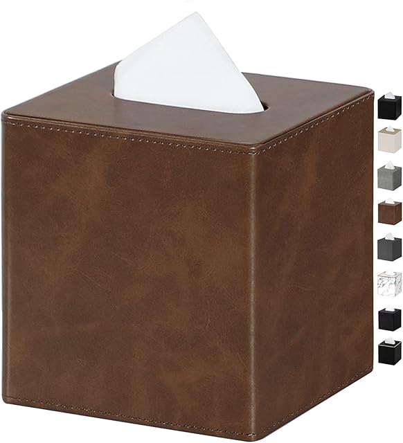 GOLRANLYE Tissue Box Cover Square PU Leather Facial Tissue Box Holder for Dresser Bathroom Decor (Brown)