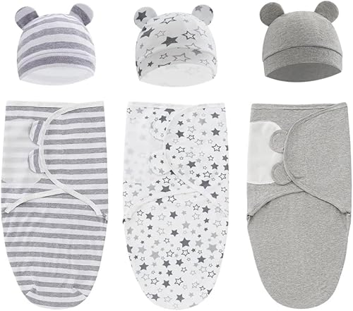 Swaddle King Envolturas fáciles de envolver con sombreros a juego, paquete de 6 (3 envolturas de envoltura + 3 sombreros a juego), envoltura de bebé
