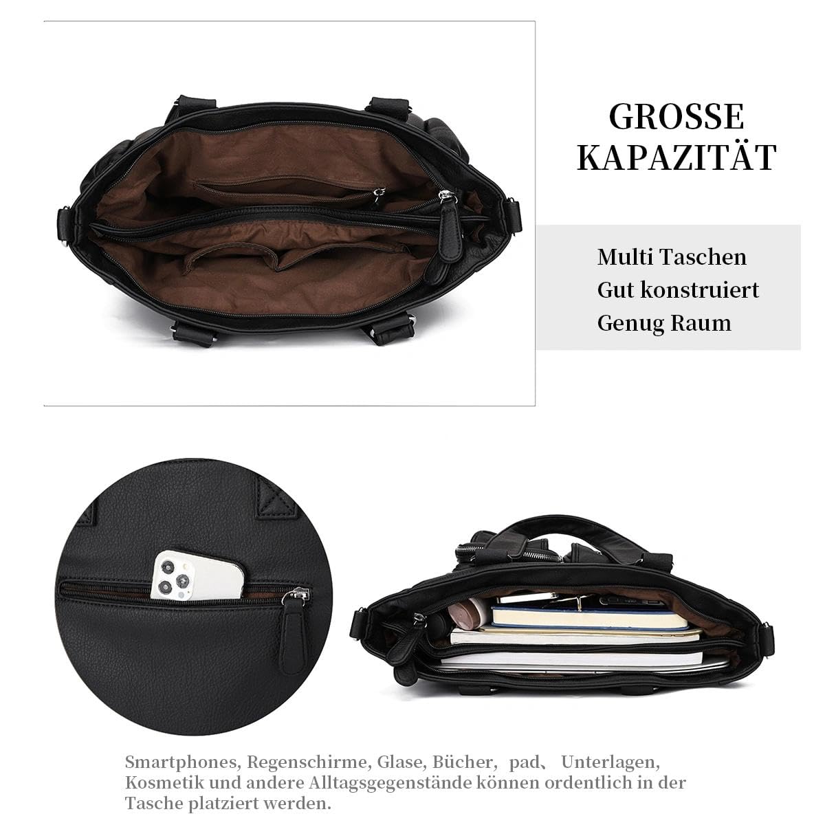 KL928 Handtasche Damen Tasche Umhängetasche Schultertasche Damentaschen gross für Damen Frauentasche PU Leder Damenhandtasche mit vielen Fächern (black)