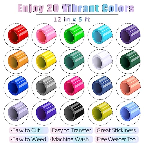 HTV Heat Transfer Vinyl Bundle - 20 Pack 12'' x 100 FT Heat Transfer Vinyl Rolls Bulk, Iron on Vinyl for Cricut T-Shirt, HTV Vinyl Bundle with 20 Assorted Colors by Oleitodh - Image 2
