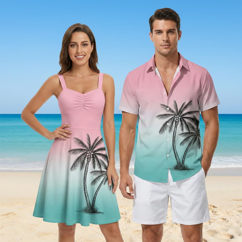 DRESSFO Matchable Couples' Outfit Ombre Coconut Tree Print Button-up Shirt Or Strappy Dress - Image 7