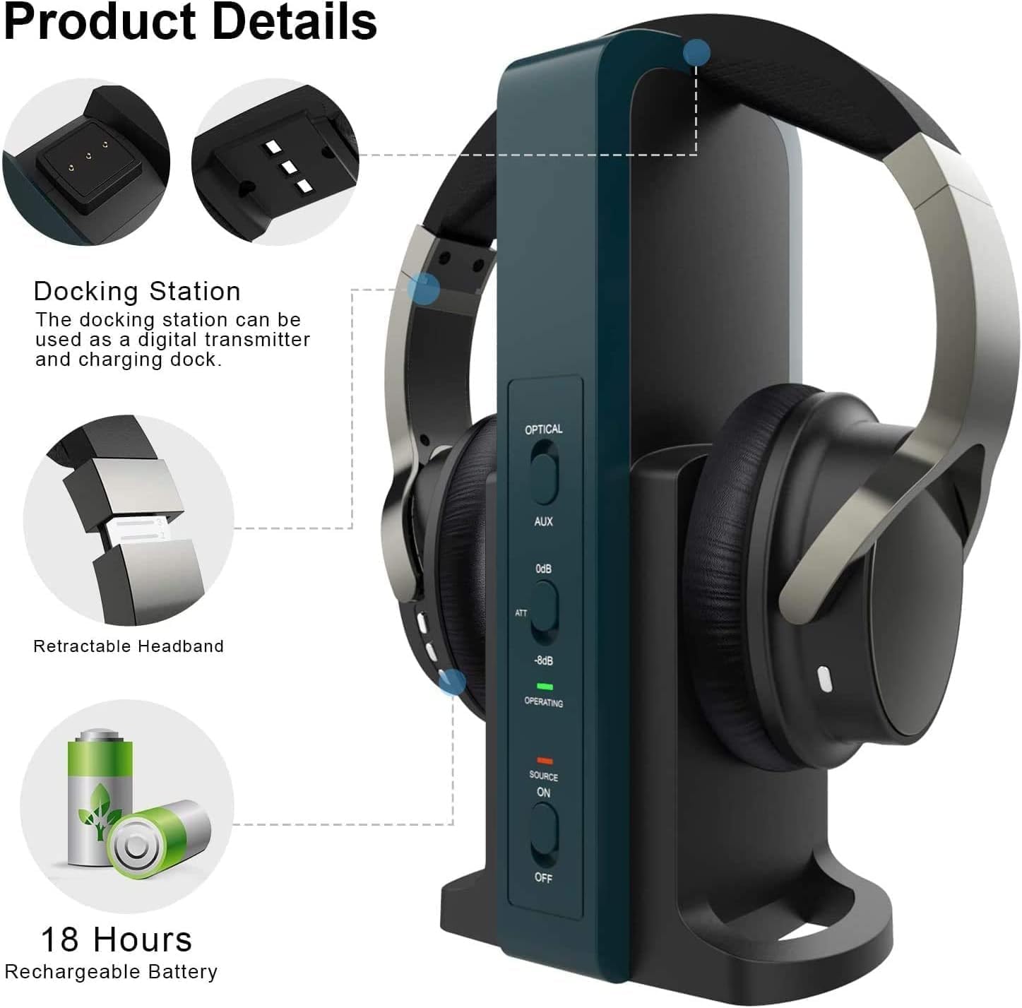 Mersoco BR698 Product Details: Docking Station, Retractable Headband, 18 Hours Rechargeable Battery