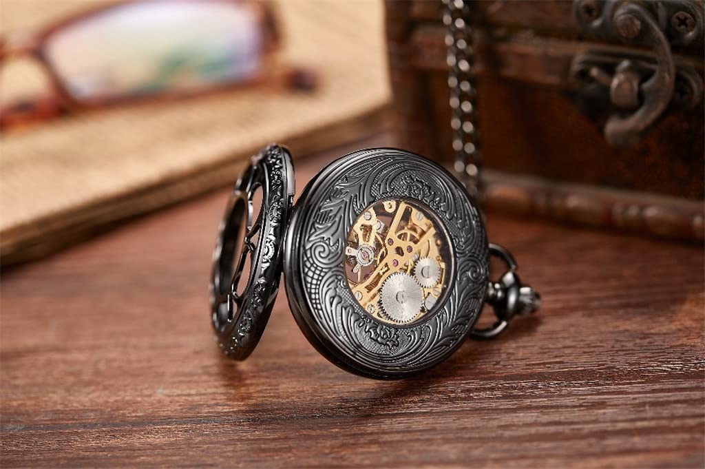 Mechanische Taschenuhr hohl Schwarze Zifferblatt Handwindungskollektion Cwatch Clock/D.