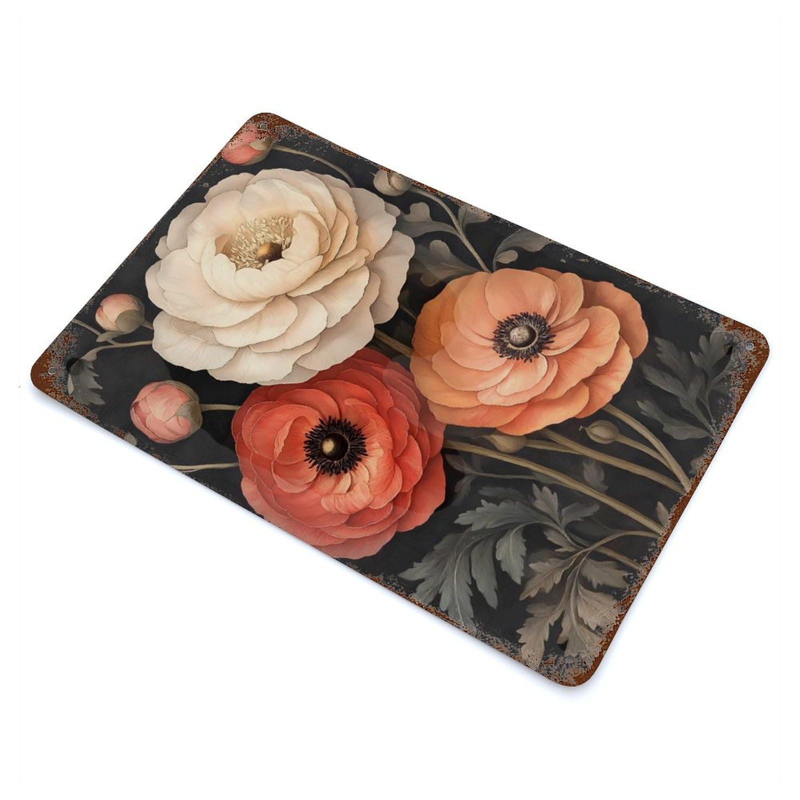 Rust Effect Ranunculus Flower - Art Nouveau Vintage Rust Metal Sign 11.8"x7.9", Vintage Wall Decor for Garage, Bar And Workshop Decor