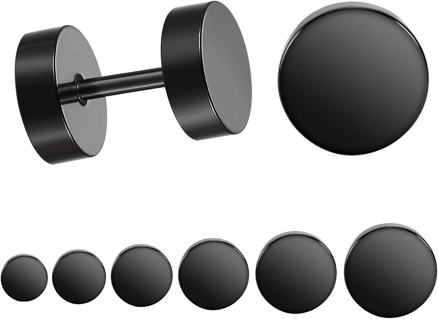 Black Stud Earrings Men Women Faux Gauges Ear Tunnel Stainless Steel Earrings 6 Pairs 5mm-10mm, Stainless Steel, No Gemstone