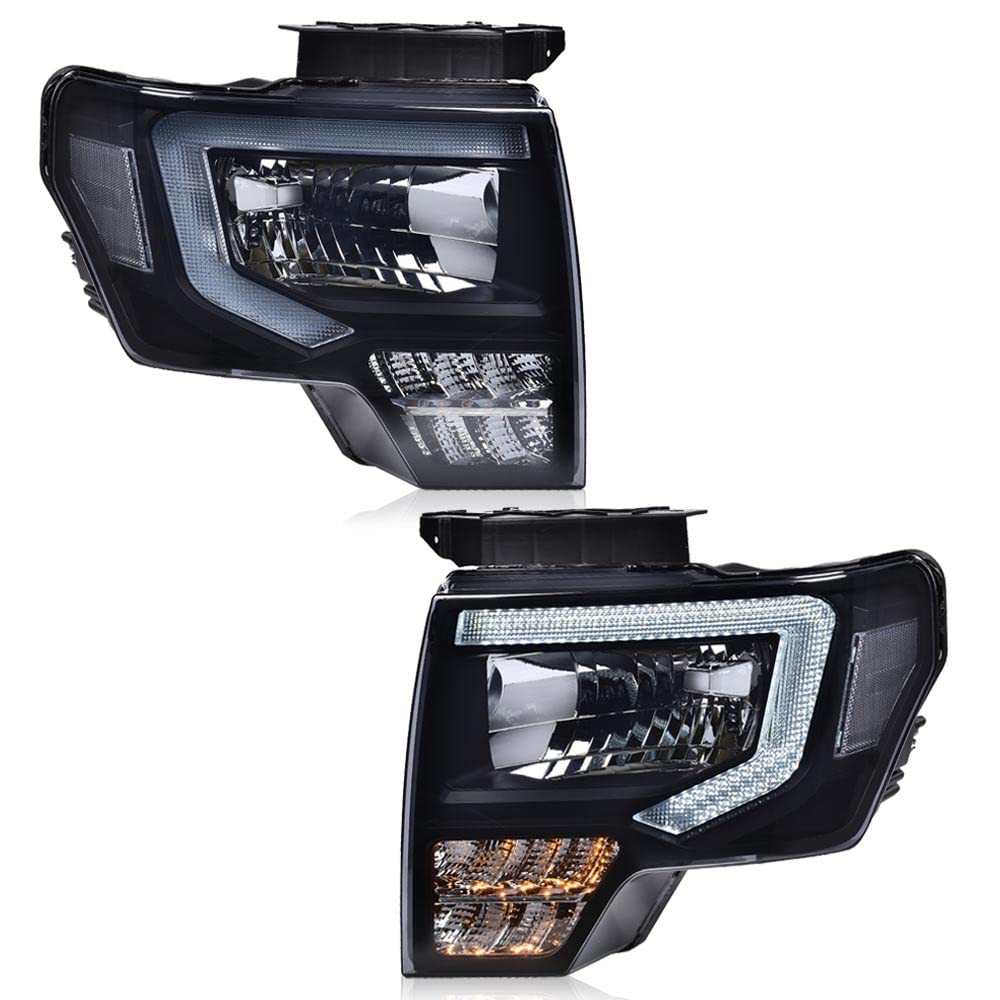 PIT66 LED DRL Headlights Assembly Compatible with Ford F150 2009 2010 2011 2012 2013 2014 Driver & Passenger Headlamp Smoke lens Black Housing Clear Reflector