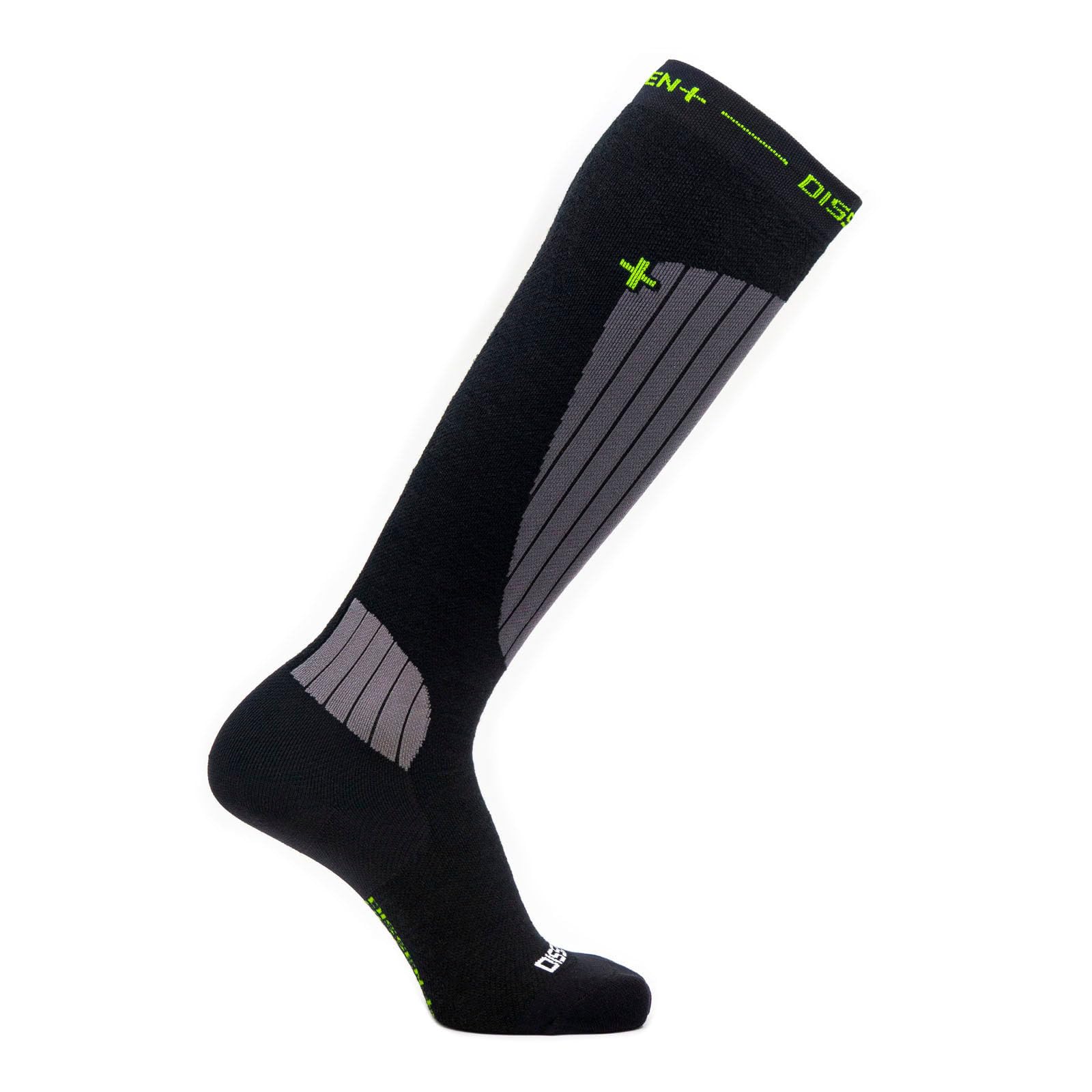 DISSENT GFX Compression DL High-Performance Low-Profile Padded Warm Over The Calf All-Day Merino Wool Ski Socks, Black/Gray, Large