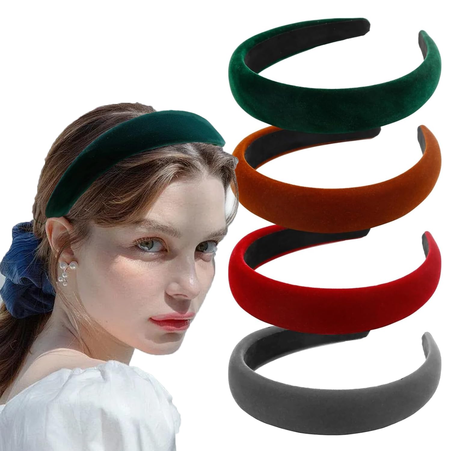 PERSENTU 4 Pcs Hair Bands for Women Headbands for Women Hair Velvet Wide Soft Head Bands Padded Velvet Feel Hair Band Girls Fashion No Slip Headband Hairr Accessories (Black Green Dark Brown Grey)