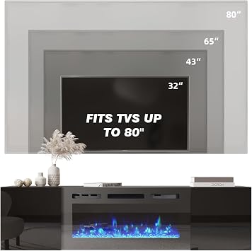 EROMMY 70'' Wall Mounted Floating TV Stand with 36'' Electric Fireplace, High Gloss Entertainment Center with Storage, 12 Flame Color Heater for TVs Up to 80'', All Black TV Console for Living Room