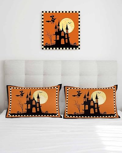 Miniatura 4 de Juego de 2 fundas de almohada de Halloween de 20 x 12 pulgadas, juego de 2 fundas de almohada decorativas de castillo embrujado, fundas de cojín
