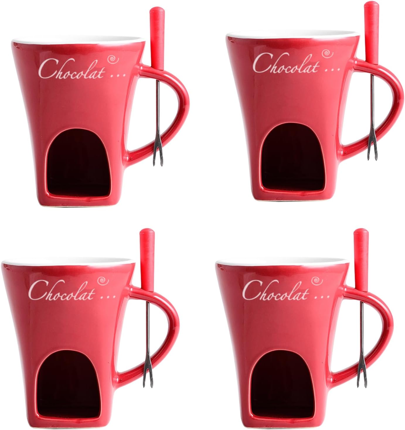 Fondue Cup Set - 4 Ceramic Chocolate Fondue Mugs with 4 Stainless Steel Forks - Mini Fondue Set for Cheese/Chocolate Fondue, Butter Warming & Dipping (Candles Not Included)