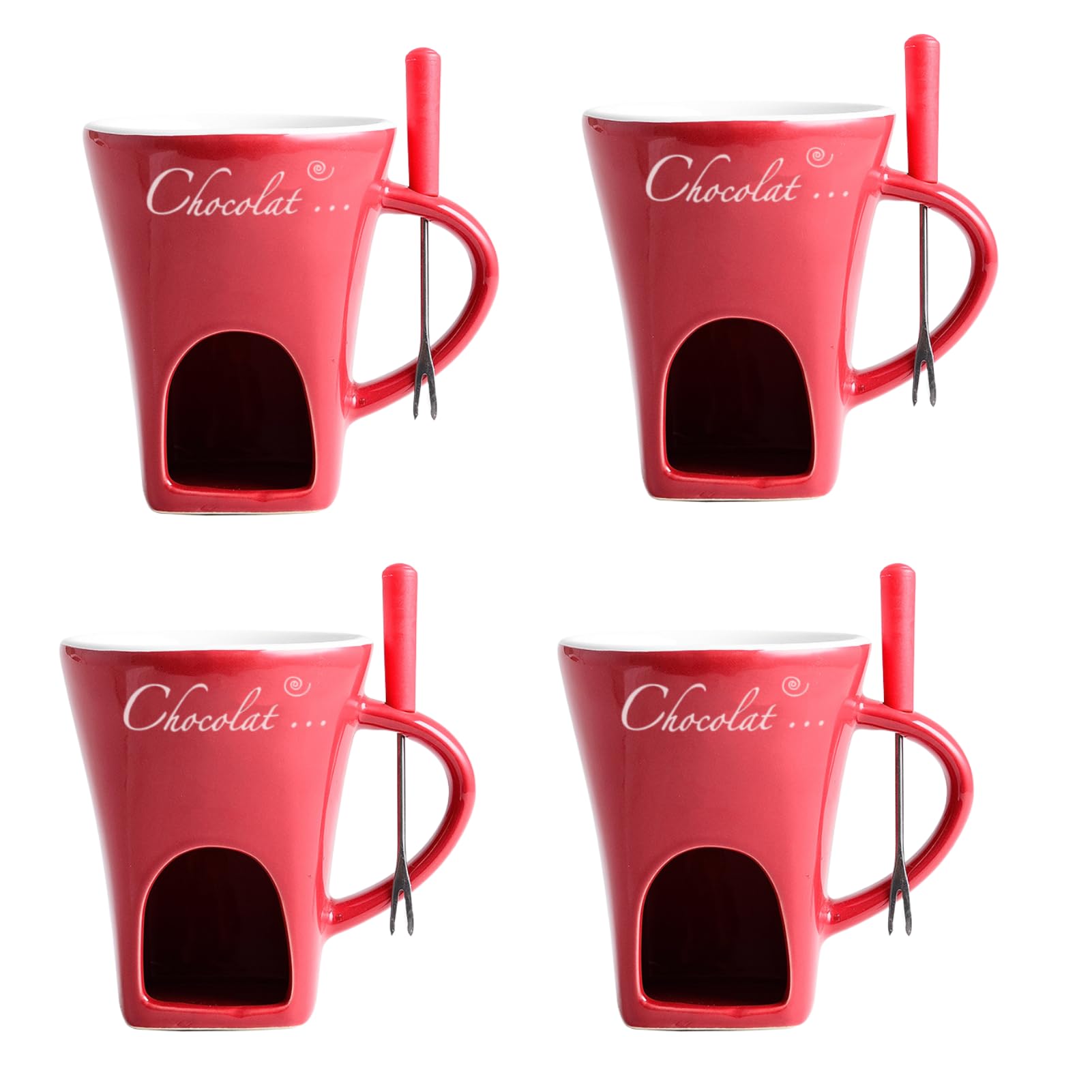 GOVNPJ Fondue Cup Set - 4 Ceramic Chocolate Fondue Mugs with 4 Stainless Steel Forks - Mini Fondue Set for Cheese/Chocolate Fondue, Butter Warming &