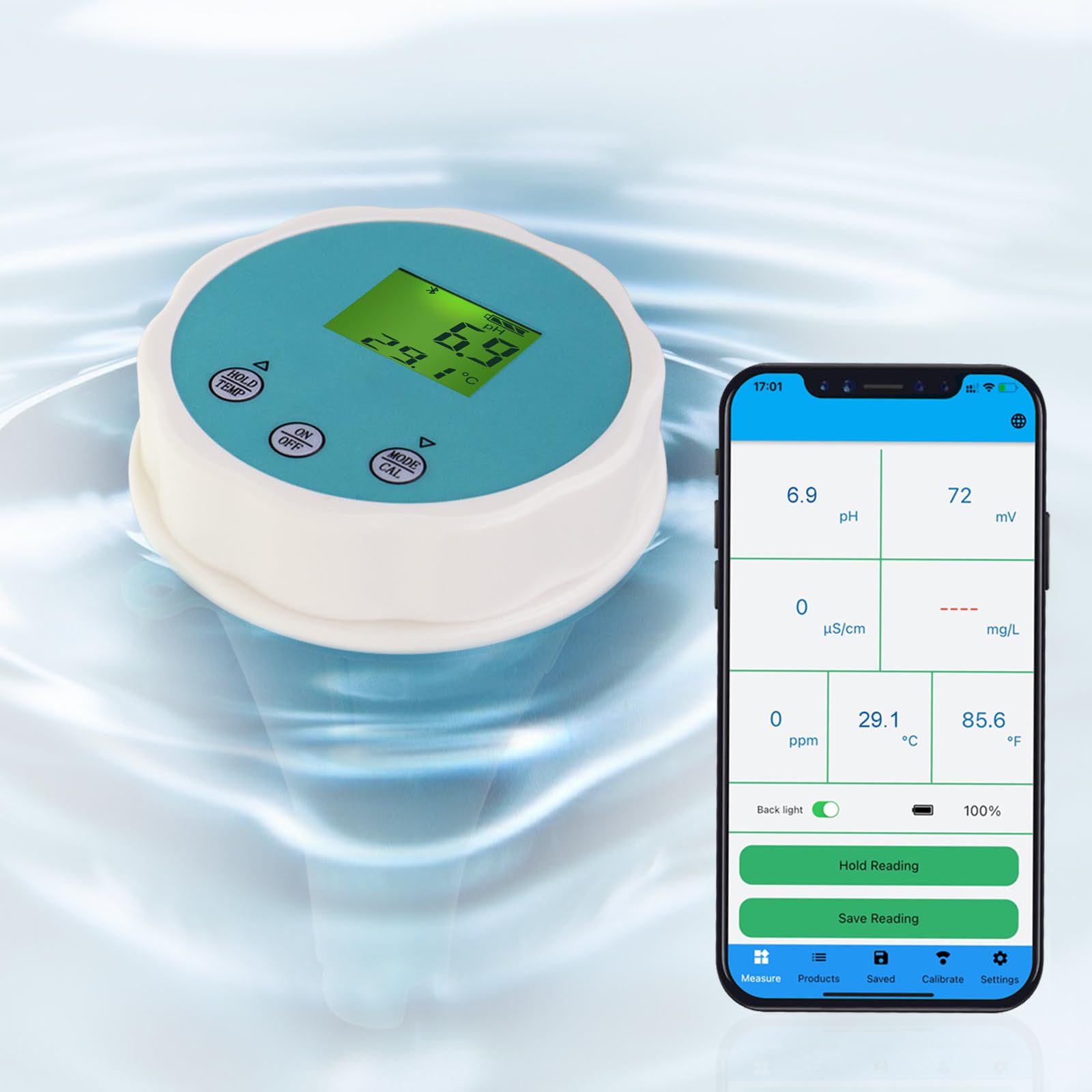 Analizador de Calidad de Agua 6 en 1 Flotante con Bluetooth Mide Cloro, pH, CE (Conductividad), ORP (Potencial Redox), Salinidad y Temperatura - Conexión a APP para Piscinas e Hidroponía