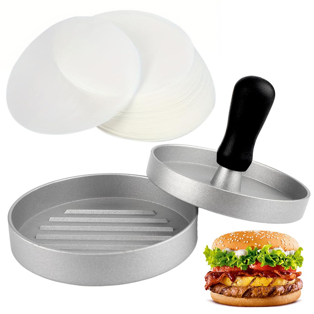 GreHom Pressa per Hamburger con 50 Fogli di Carta Antiaderente, macinato di Manzo, Macchina per Carne Antiaderente per Barbecue, Cottura al Forno, Hamburger ripieni, Hamburger di Manzo