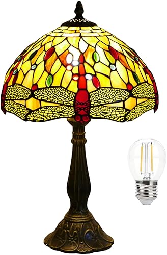 Lámpara de mesa estilo Tiffany de 12 pulgadas, lámpara de cristal de dargonfly amarilla Tiffany Lámparas Tiffany lámpara de mesa de lectura de