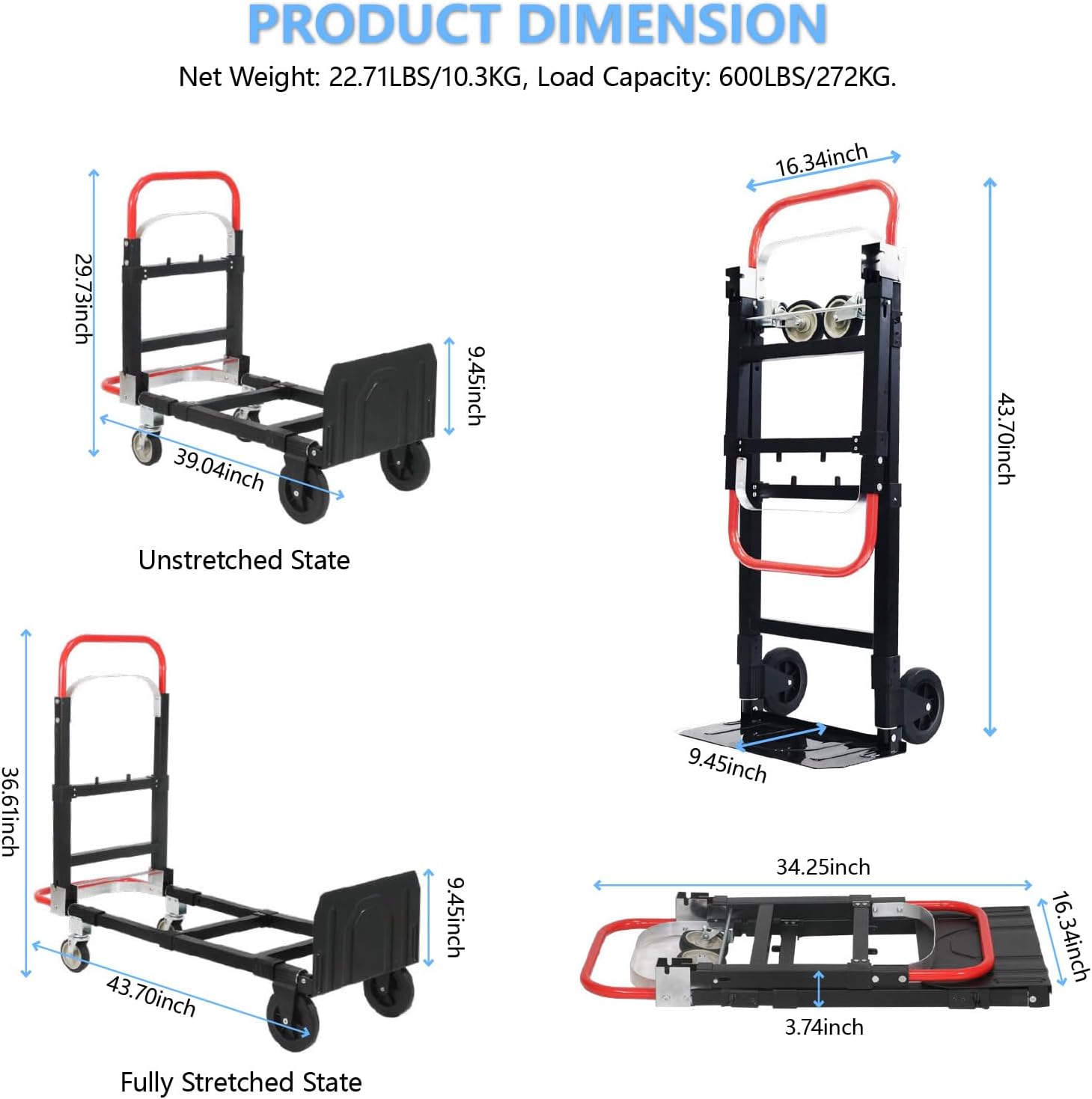 3 in 1 Convertible Hand Truck, Folding Hand Dolly Cart with Retractable Handle, 600LBS Heavy Duty Aluminum Hand Truck Dolly for Luggage, Shopping, Home, Office Moving