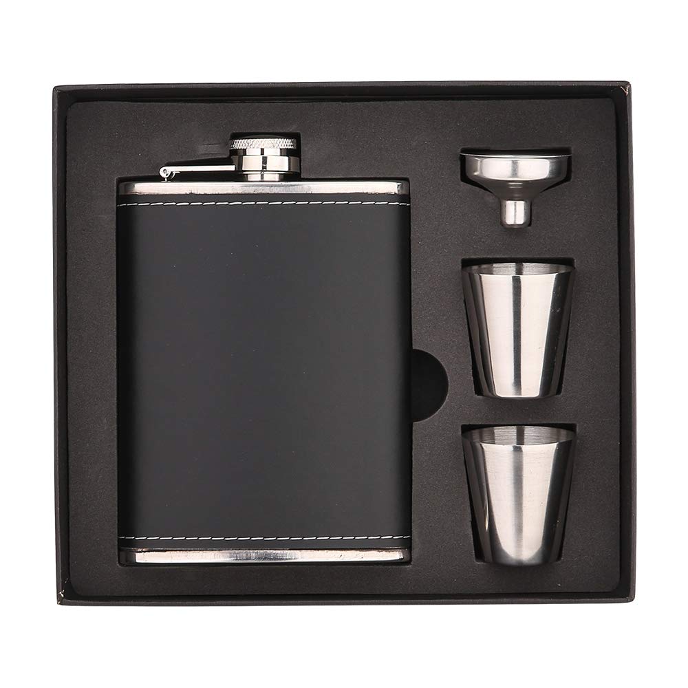 NARCE 8oz Stainless Steel Flask Funnel Set | Heavy Duty Flask Set Gift Set Includes 2 Camping Cup,Funnel and Gift Box| PROVEN GIFT For Men or Women (Black, 8 oz / 236 ml)