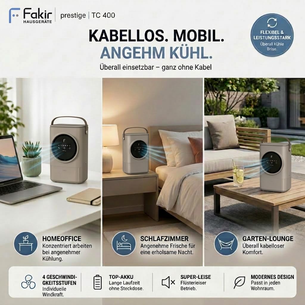 Fakir prestige TC 400 Mobiler Luftkühler kabellos - Air Cooler mit Li-Ionen-Akku, Verdunstungskühlung, Auto-Trocknungsfunktion, 4 Stufen, 24 dB(A), Dual-Befüllung, Farbe: Milk Coffee