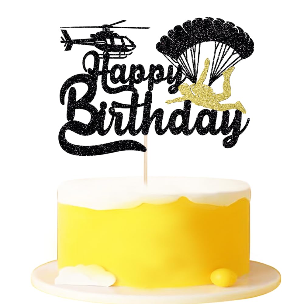 Skydiving Happy Birthday Cake Topper-Black gold helicopter Parachute Cake Decor,Ultimate risk Sports Theme Birthday Party Supplies(parachute)