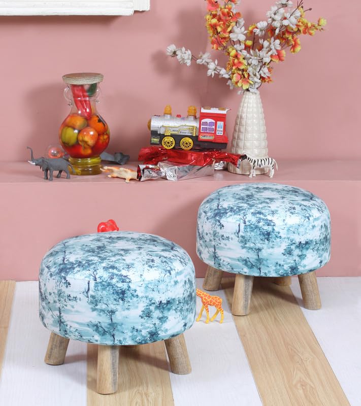 Ottoman Kids pouffe Small Stool for Baby Chair Study Table Stool for Kids Room Baby Sofa Stepstool Children Cartoon Wooden Pack of 2, 14x11 Inch, Seagreen