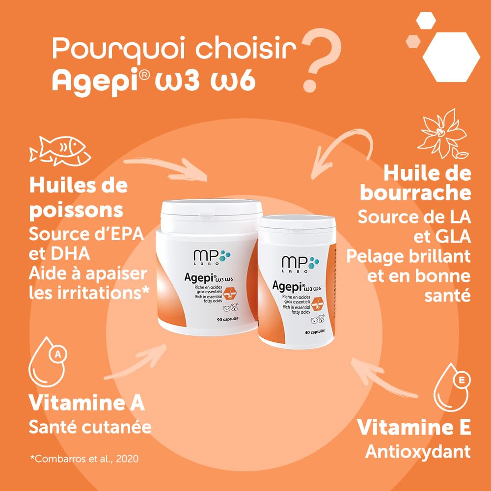 MP Labo Agepi® Omega 3 Omega 6 - 90 Capsules pour Chien et Chat - Riche en Acides Gras Essentiels et Vitamines A et E