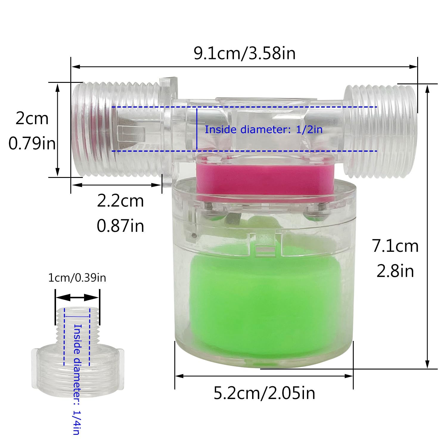 Transparency Water Float Valve, Water Level Control Water Tank Traditional Float Valve Upgrade (1/2” to 1/4“ SIDE)