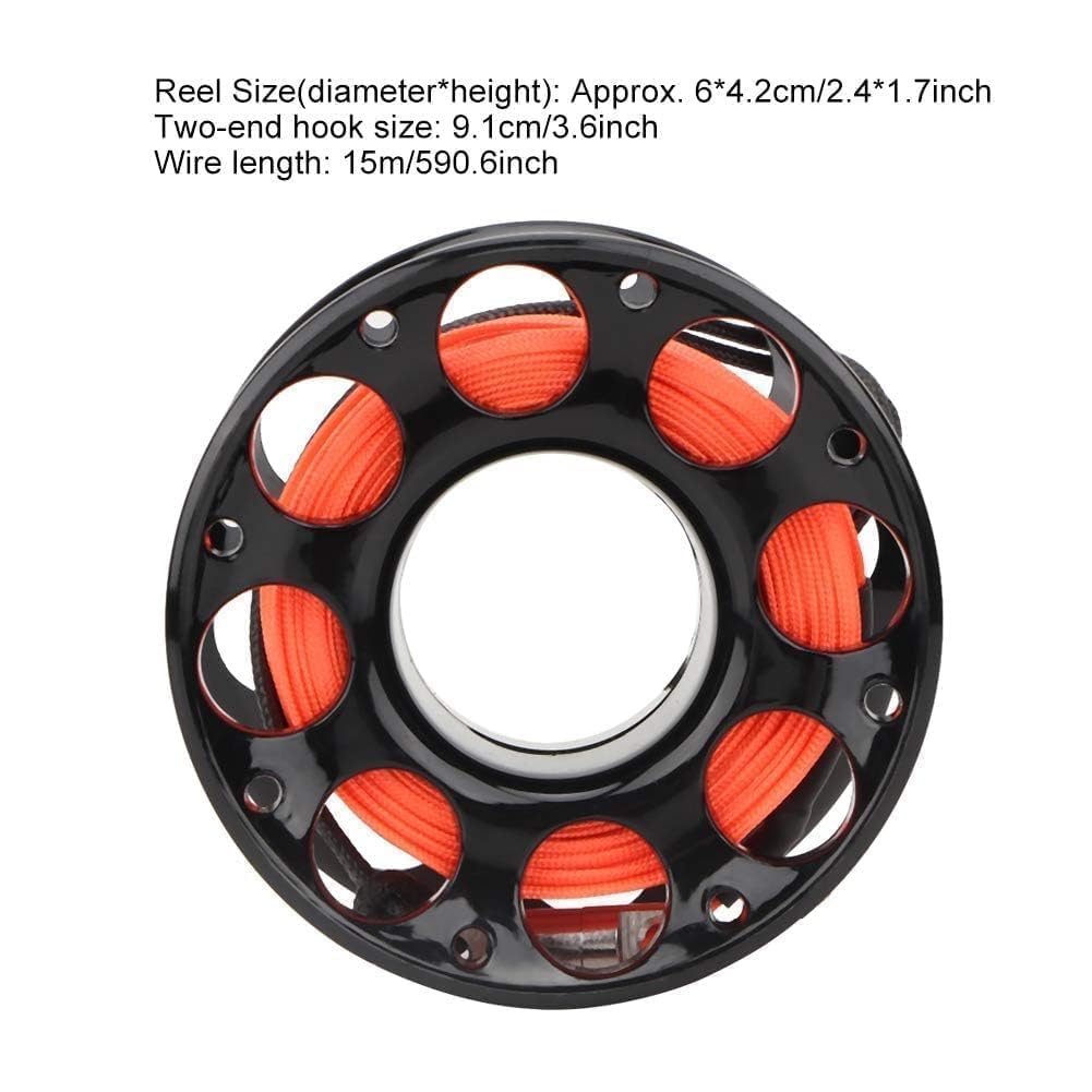 Finger Spool w/SS Bolt Snap, Tauch Fingerspule Scuba Diving Spool Reel Kunststoff Mini Tauchspule mit Doppelkarabiner Spule, Technische Finger Spool komplett mit Tauchschnur und Karabinerhaken 15 M