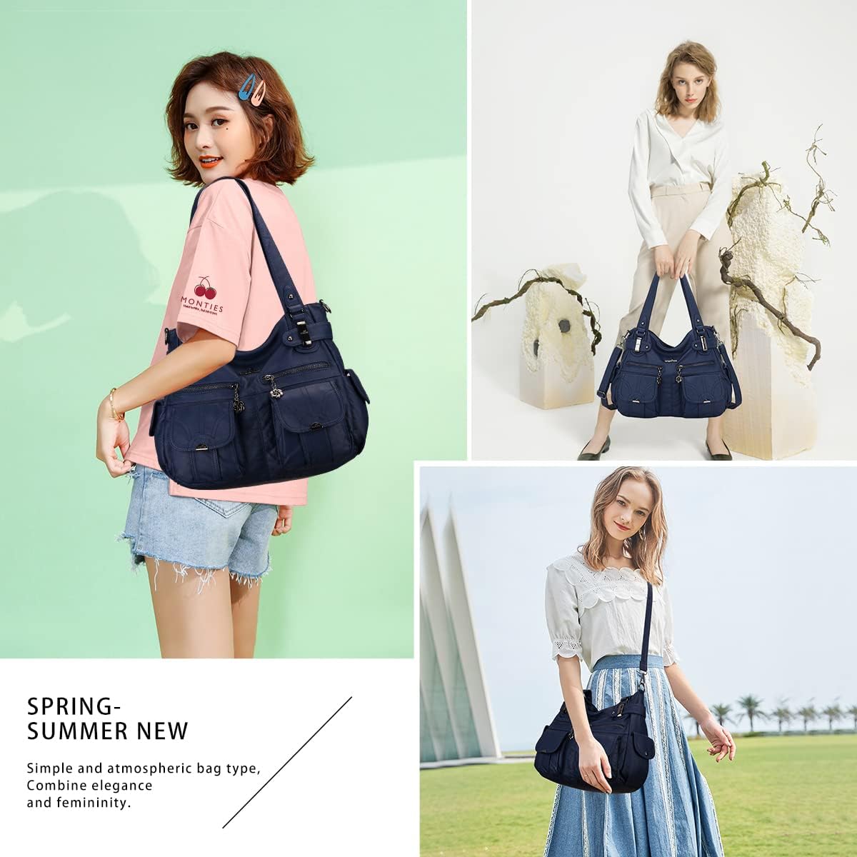 Angel Kiss Women's Designer Handbag Large Double Zipper Multi Pocket Washed Leather Purse - Image 2