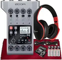 Zoom PodTrak P4 Gravador de Podcast Multitrack portátil, interface de áudio com 4 entradas de microfone, 4 saídas de fone de ouvido com SD de 64 GB, 2 cabos XLR, fone de ouvido com microfone embutido,