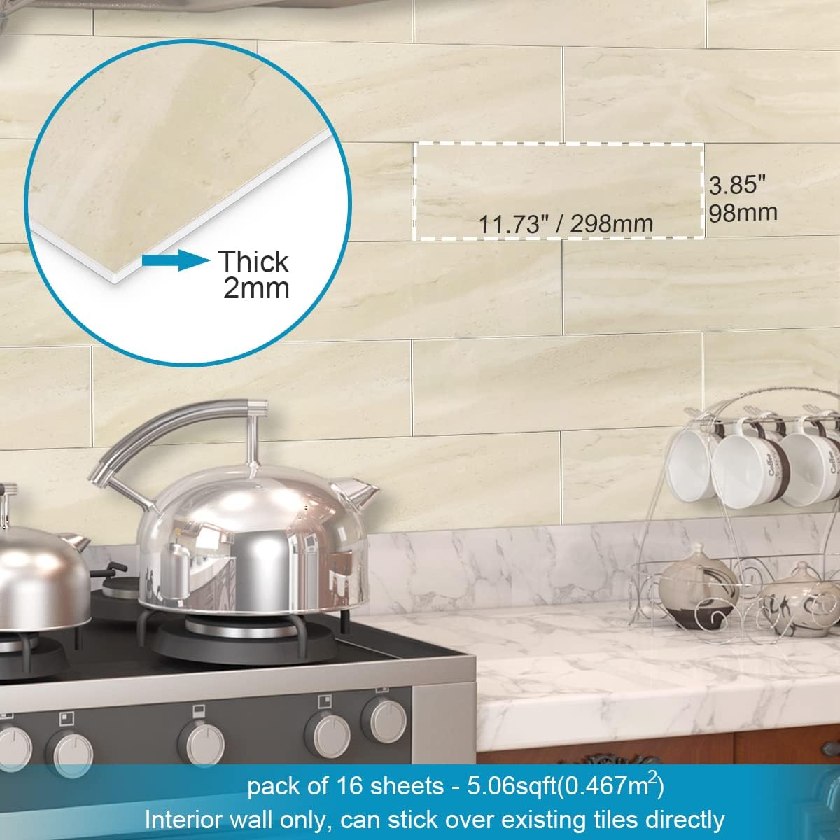 BeNice Peel and Stick Backsplash for Kitchen Tile,Peel and Stick Tiles for Walls Tile Stickers Waterproof Marble Tile Backsplash 3.85"x11.73"(16Tiles) Beige Travertine