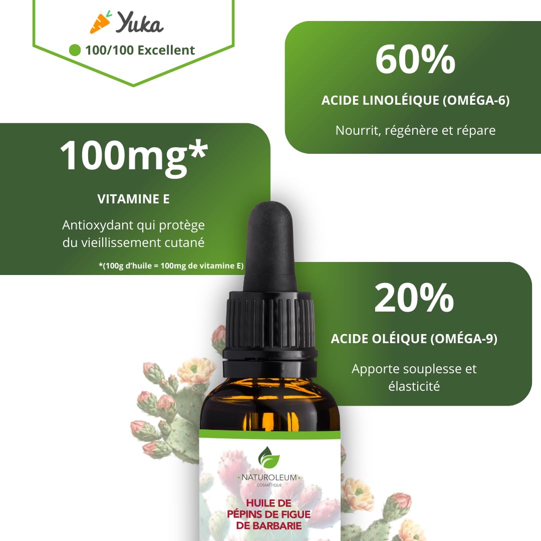 Huile de Pépins de Figue de Barbarie Bio 100% Pure, Pression à Froid, Anti âge, Régénérante, Rides Peau Mature, Riche en Vitamine E, Visage, Flacon Verre Pipette 30 ml