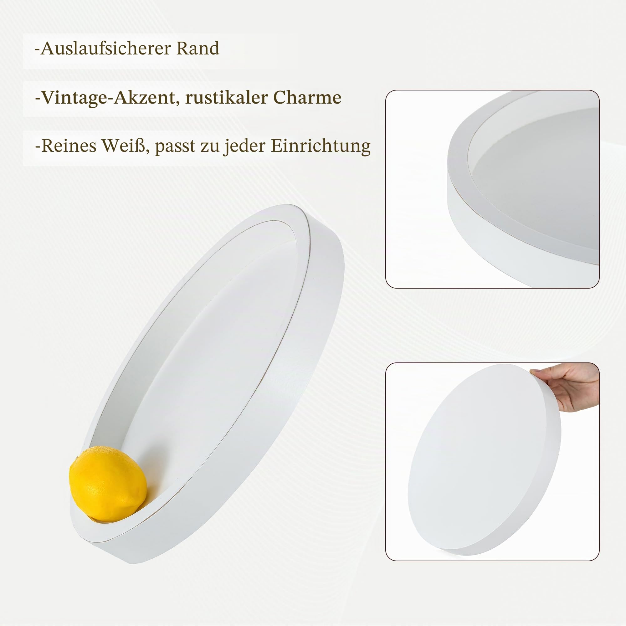 Hanobe Deko Wohnzimmer Tablett Serviertablett: Modern Rund Holztablett Weiß für Schlafzimmer Badezimmer - Weiss Holz Dekotablett 28cm für Tisch Deko