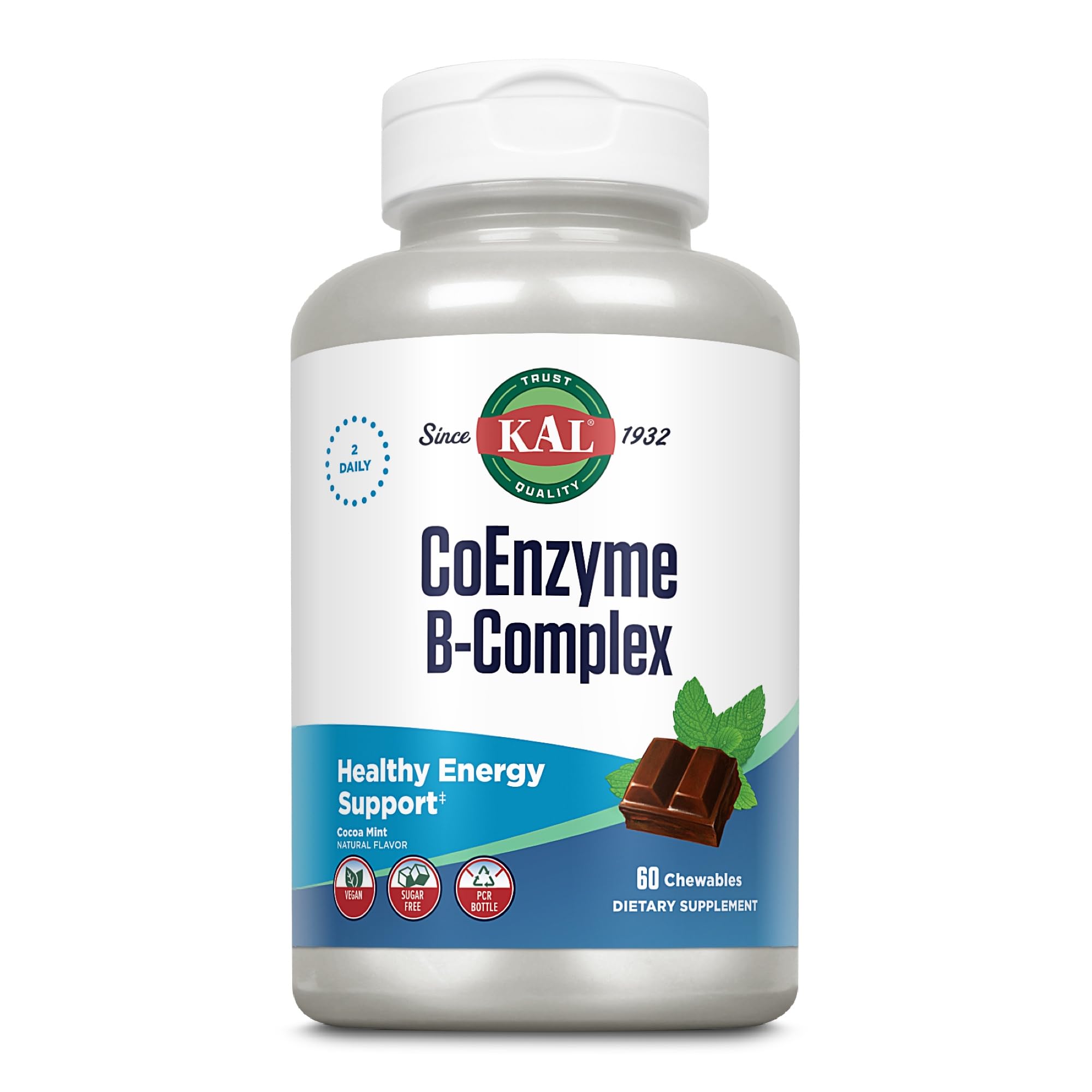 KAL CoEnzyme Vitamin B Complex, Chewable B Vitamins for Healthy Energy, Red Blood Cell and Nerve Function Support w/Vitamin B12, B6, Folic Acid, Natural Cocoa Mint, Vegan, Sugar Free, 30 Serv, 60ct